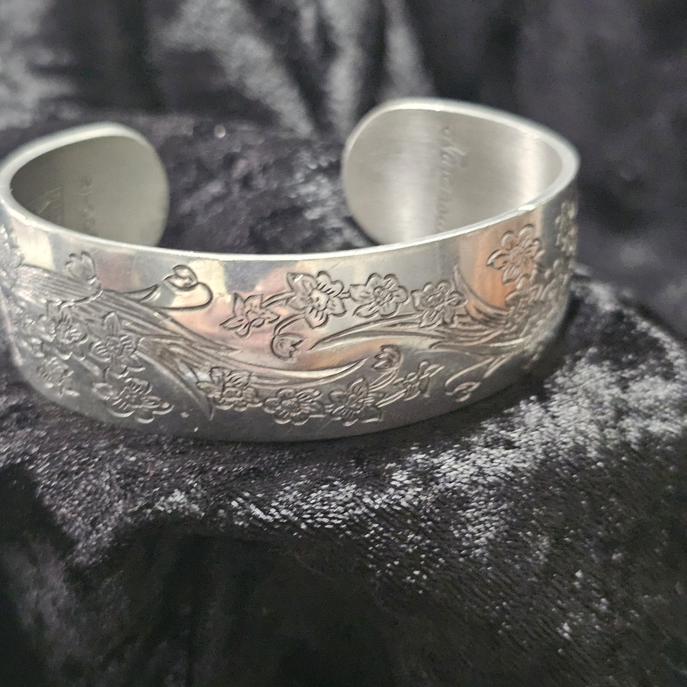 Floral Silver Cuff Bracelet Signed